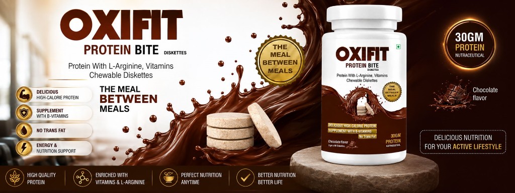 OXIFIT Protein Bite Diskettes – chocolate flavour protein with L-Arginine and vitamins, Tanishq Life Care